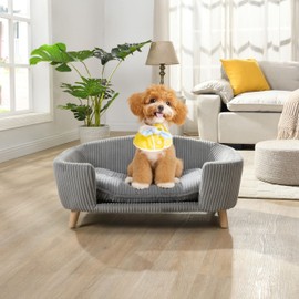 GDFStudio Elevated Dog Bed Frame for Small Dog Corduroy Cat Pet Couch Bed with Rubber Wood Legs and Supportive Foam Easy Assembly, Gray