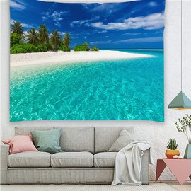 YISURE Tropical Paradise Beach Clear Water Ocean Beach Tapestry Small Island Coconut Palm Tree Beach under Blue Sky Wall tapestries for Home Dormitory Decor, 150x130cm