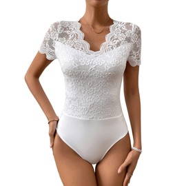 GORGLITTER Women's Transparent Lace Bodysuit Top Costume Body Lace Body Party Bodys Dirndl Body V-Neck, White