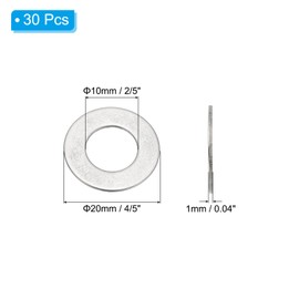 PATIKIL 304 Edelstahl-Flachdichtung, 30er-Pack 10x20mm ID x 20x20mm OD x 1mm Dicke Metall-Fender-Unterlegscheiben Kleine Unterlegscheiben für Schraubenbolzen-Sortiment