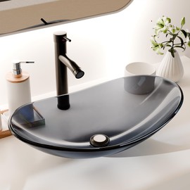 YIMAI Ingenuity Vessel Sink Bathroom Sinks Tempered Glass Art Basin 20.8"x13.7" Oval Bowl Above Counter with Faucet and Pop-Up Drain Combo, Oval Clear Grey(20202E)