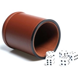 Leather Dice Cup Set Felt Lining Quiet Shaker with 5 Dot Dices DarkBrown Color