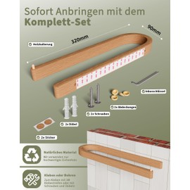 DEKAZIA® Towel Rail Wooden Wall | Towel Rail No Drilling Wood | Towel Rail Made of Sustainable Oak Wood | Towel Rail for Drilling or Gluing Towel Rail Oak Kitchen Roll Holder