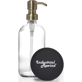 Industrial Rewind Clear Glass Soap Dispenser with Brass Metal Pump and Non Slip Coaster - 16oz Refillable Liquid Soap Dispenser Pump Bottle for Bathroom Vanity Countertop, Kitchen Sink