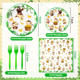 K1tpde 96PCS Watercolor Monkey Party Tableware Set Included Paper Plates Napkins and Forks, Wild Jungle Animal Monkey Theme Birthday Decorations for Kids, Banana Dessert Plate Party Supplies, 24 Guest