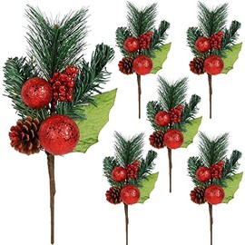 DR.DUDU Christmas 6 Pack 12'' Elegant Faux Evergreen Sprigs + Gold & Silver Globe Ornaments + Pine Cone + Green Poinsettia Leaf + Mini Gold Balls in Clever Pine Cone Shape (Red)