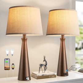 Seealle Modern Table Lamps Set of 2 - Touch Bedside Lamp for Nightstand with USB C+A,3-Way Dimmable Brown Nightstand Lamps for Living Room Bedroom End Table with Oat Shade(Bulb Included)