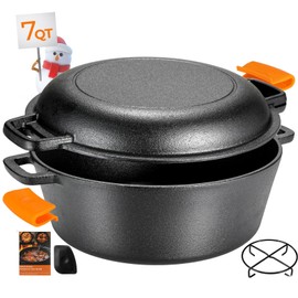 TLGREEN Cast Iron Dutch Oven Pot with Lid, Pot (6.7QT) and Lid as a Skillet(2.5QT) - Dutch Oven Cast Iron with Silicone Holders, Iron Stand, for Oven, Stove, Grill，Campfire