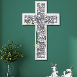 Uaussi Crushed Diamond Mirrored Wall Cross Glass Mirror Crystal Cross for Wall Table 15.7x10 Inch Decorative Home Décor-Sliver