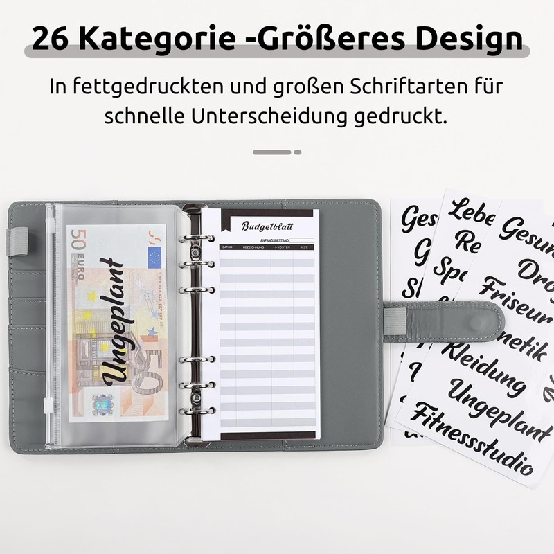 KONVINIT Budget Planner German, A6 Budget Binder with Money Envelopes