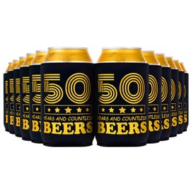 Crisky 50th Birthday Can Cooler Happy 50th Birthday Decorations for Men, Can Coolies Beverage Sleeve for 50 Year Old Birthday Gift Ideas Birthday Party Favors for Him, 12 Pack, Black & Gold