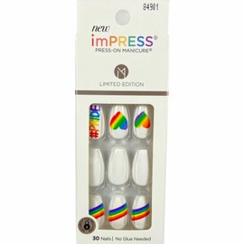 Kiss NEW Kiss Nails Impress Press On Manicure Medium Coffin Gel White Rainbow Pride