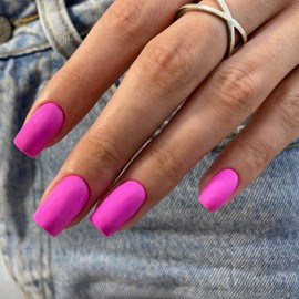 Matte Hot Pink Nails Press ons, Press on Nails Medium Square Glue on Nails Short Acrylic Glue on Medium Coffin Nail Gel Fake Nail False for Women, Thick Solid Color 24Pcs