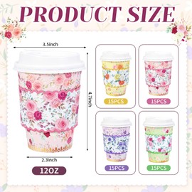 AnyDesign 60 Pcs Spring Floral Paper Coffee Cups with Lids and Sleeves Colorful Flower 12 Oz Disposable Drinking Cup for Wedding Birthday Bridal Shower Women Tea Party Supplies