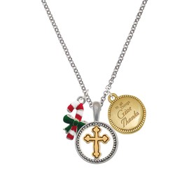 Delight Jewelry Silvertone Candy Cane with Green Bow Two-tone Give Thanks to God Cross Pendant Necklace, 23"