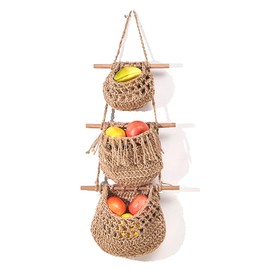YCBTREE Over the Door Hanging Basket,3 Tier Wall Hanging Storage Organizer Woven Cotton Rope Storage Basket Boho Wall Hanging Decor for Bedroom Bathroom Kitchen Living Room (Brown)