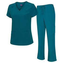 Natural Uniforms Women's Cool Stretch V-Neck Top and Cargo Pant Scrub Set with Regular and Petite Sizes (Teal, XX-Large)