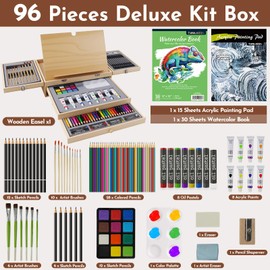 Conda 96 Piece Premium Wooden Art Set with 2 Drawing Pads - Painting & Drawing Supplies Kit with Watercolor, Acrylic Paints, Brushes & More Art Supplies for Artists Adults Teens Girls