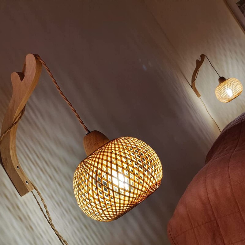 Frideko Bamboo Lantern Plug in Wall Sconces Wicker Wall Lamp