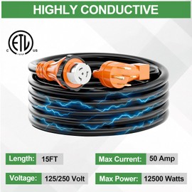 UEAKPIC 50 Amp Generator Extension Cord 15 Ft- Rated for 250V /12500W, NEMA 14-50P to SS2-50R Twist Lock Design, ETL Listed STW Generator Power Cords with Organizer for RV, Outdoor