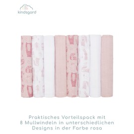 Kindsgard Muslin Nappies Pink 65 x 65 cm - Pack of 8 - 100% Cotton - Muslin Cloths Baby - Cotton Nappies - Perfect for Baby First Equipment