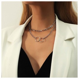 Allereya Layered Interlocking Circle Necklace Silver Paperclip Chain Necklace Open Circle Necklace Vintage Round Circular Choker Necklace Jewelry for Women and Girls（Silver）