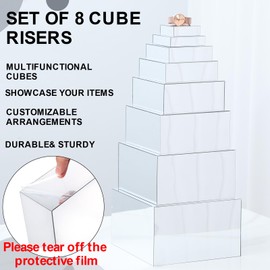 Geelin 8 Pack Acrylic Cube Risers Acrylic Boxes for Food Display Decorative Stands with Hollow Bottoms for Jewelry Food Buffet Risers Display Candy Table Decor, 8 Sizes (Silver)
