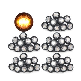 MADCATZ 3/4 Inch Mini Clear Lens Amber 3 LED Round Button Side Marker Indicator Lights Extra Bright with Black Rubbers for Boat Truck Trailer RV Caravan 12V DC Pack of 50.
