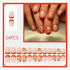 24Pcs Fall Square Press on Nails Short Medium Fake Nails Red French Tip False Nails Kit Autumn Thanksgiving Nails with Maple Leaves Design Artificial Full Cover Glue on Nails for Women Nail Art