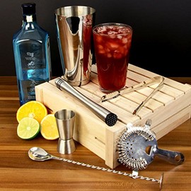 bar@drinkstuff Stainless Steel Set with Boston Shaker, Hawthorne Filter, Scoop, Ice Tongs, Pestle and Spoon for Mixing with Spiral, Metal, 2