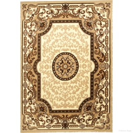 Allstar 5x7 Ivory and Mocha Classic French Country Machine Carved Effect Rectangular Accent Rug with Beige and Espresso Bordered Medallion Design (5' 2" x7' 1")