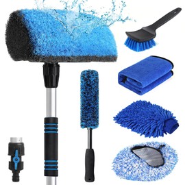 63'' Flow-Thru Car Wash Brush with Long Handle, Complete Soft Bristles Car Washing Brush Mop Kit, with Car Brush Head Cover, Wash Mitt, Towel, Wheel Tire Brush for Car, Truck, RV, House, Boat Cleaning