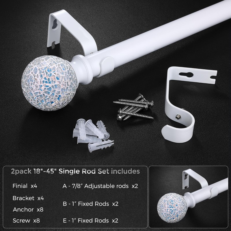 2 Pack White Curtain Rods for Windows 18 to 45