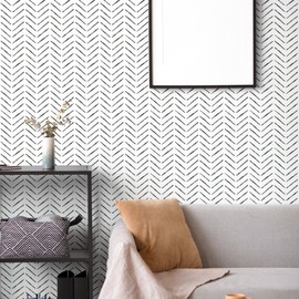 Rugreat Herringbone Peel and Stick Wallpaper Modern Contact Paper for Cabinets Stripe Wallpaper Neutral Self Adhesive Removable Wallpaper for Bedroom Bathroom Waterproof Black and White 78.8"×17.3"