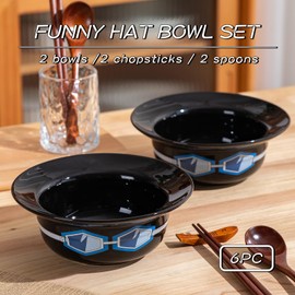 HTVCBU 2PC Anime Ceramic Straw Hat Bowl Set, Thick Ceramic, 7.5 Inch Diameter, Suitable for Ramen Cereal Salad, Comes with 2PC Spoon and 2PC Chopsticks 2