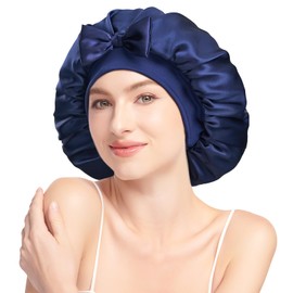 Umisleep 100% Silk Hood for Sleeping, Large Sleep Cap for Long Hair, Double 22 Momme Sleeping Cap Made of Mulberry Silk, Soft and Breathable, midnight blue, L