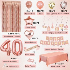 40th Birthday Decorations for Women Girls, Happy 40 Birthday Decorations for Her, Rose Gold Birthday Party Supplies with Banner, Number Balloons, Fringe Curtains, Hanging Swirls, Foil Balloons