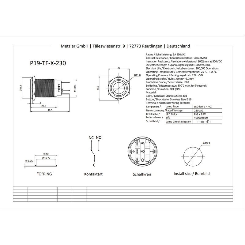 Metzler - Push Button 19mm - LED Ring Lighting 230