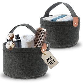 Bada Bing Set of 2 Felt Baskets Round Anthracite with Handle - Portable Organiser Made of Felt Fabric with Handle - Storage Basket Small Organiser Basket Folding Basket Bag Basket Storage for Shelf