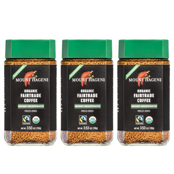 Mount Hagen 3.53oz Organic Freeze Dried Instant Decaf Coffee- 3 Pack | Eco-friendly Made From Organic Medium Roast Arabica Beans | Fair-Trade Instant Coffee Decaffeinated [3x 3.53oz Jar]
