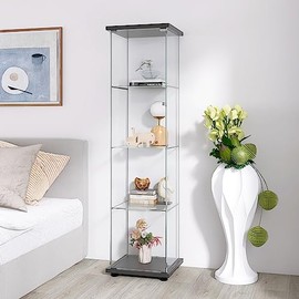 Henf Glass Display Cabinet with 4 Shelves,Modern Curio Cabinets with Glass Door,Floor Standing Storage Collection Display Case for Living Room Bedroom Office,16.7" W x 14.3" D x 64.7" H,Black
