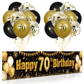 RUMIA 70th Birthday Decor for Men Women Black Gold, and Gold Yard Banner 18 PCS Happy Balloons Anniversary Party Supplies Indoor Outdoor (8E-HCX)