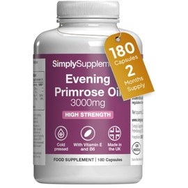 Evening Primrose Oil 3000mg Capsules | Supports Hormonal Balance & Healthy Skin | with Added Vitamins B6 & E | 180 Softgels Capsules = 2 Months’ Supply | GMP-Certified & UK-Made