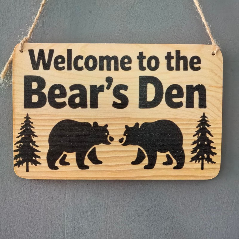 Rustic Wooden Welcome Sign, Bear's Den Cabin Decor with Black