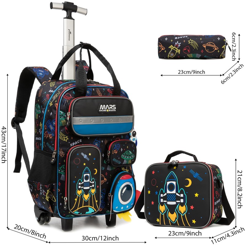 Egchescebo Kids Rolling Backpack for Boys Space Shuttle Luggage with