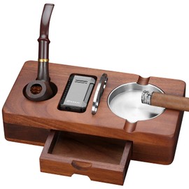 FANKAI Cigar Ashtray Set, Wooden Ash Tray with Accessories Drawer, Refillable Cigar Lighter Built in Punch, Stainless Steel Cutter Guillotine, Smoking Pipe, 3 Stands