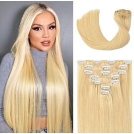 WindTouch Blonde Hair Extensions for Women Clip in, 20 Inch 70g 7pcs Bleached Blonde Clip in Hair Extensions Human Hair, Natural Straight Remy Human Hair for Women