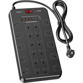 Surge Protector Power Strip 10 FT Extension Cord with 22 Outlets 6 USB Ports(2 USB C), 1875W/15A, 2100 Joules, 10 FT Flat Plug Extension Cord with Multiple Outlets for Home Office, Dorm, Gaming, Black