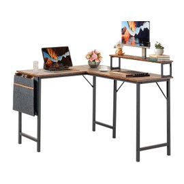 FurnitureR FurnitureR L Shaped Computer Desk Reversible, Corner Desk with Storage Bag, Home Office Desk Writing L Table 48.8 Inch Computer Desk with Shelf, Without LED, Brown