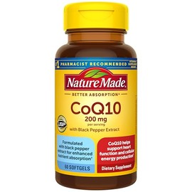 Nature Made CoQ10 200mg per Serving with Black Pepper Extract for Enhanced Nutrient Absorption, CoQ10 Supplement for Heart Health Support, 60 Softgels
